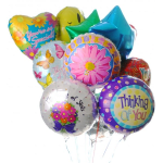Cluster of colorful helium balloons with floral and message prints