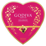 Heart-shaped Godiva chocolate box with pink and gold packaging