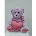 Lavender teddy bear holding pink hearts with a ribbon bow