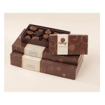 Stacked boxes of assorted chocolates with one open tray