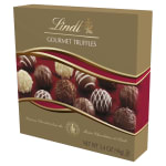 Box of Lindt gourmet truffles in gold and red packaging