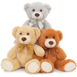 Three plush teddy bears with ribbon bows on a white background