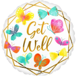 Round foil balloon with colorful butterflies and the words Get Well