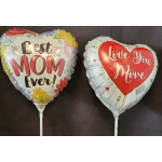 Two heart-shaped balloons with Mother's Day messages
