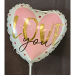 Heart-shaped balloon with pink and white "Love you" text