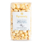Bag of sweet and salty popcorn with a white label