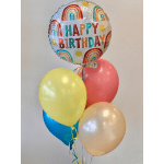 Birthday balloon bouquet with a printed foil balloon and four latex balloons