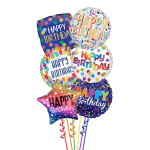 Cluster of colorful birthday balloons with curled ribbons