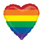 Rainbow-striped heart-shaped balloon with a small logo at the bottom