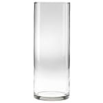 Tall clear glass cylinder vase on a white background