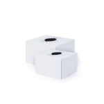 Two white cardboard flower boxes with black starburst openings