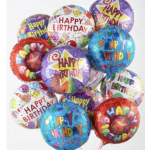 Cluster of colorful birthday balloons with "Happy Birthday" text