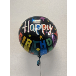 Round birthday balloon with colorful "Happy Birthday" text