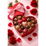 Heart-shaped chocolate box with red roses and a pink ribbon