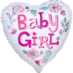 Heart-shaped balloon with the words Baby Girl and floral accents