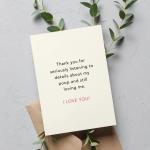 Greeting card with a humorous love message on a leafy background