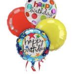 Cluster of colorful birthday balloons with two printed "happy birthday" balloons