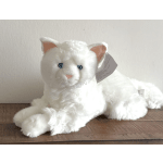White plush cat with blue eyes and a tag attached