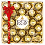 Box of Ferrero Rocher chocolates tied with a red ribbon