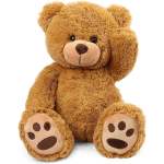 Brown teddy bear plush sitting with one paw raised