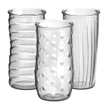Three clear glass vases with different textured patterns