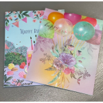 Two birthday greeting cards with balloons and floral designs