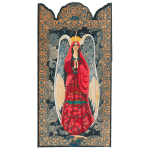 Ornate angel art panel with a red floral robe, golden halo, and white wings framed by a decorative gold pattern.