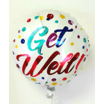 Round balloon with colorful polka dots and the words "Get Well"