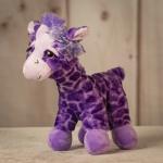 Purple plush giraffe toy with a bow on its head