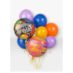 Cluster of colorful birthday balloons with two printed foil balloons