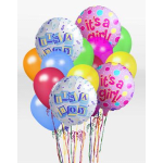 Cluster of colorful balloons with "It's a boy" and "It's a girl" messages