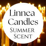 Grouping of lit pillar candles with a large white circle overlay reading 'Linnea Candles Summer Scent'