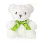 White teddy bear with a green ribbon bow