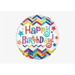 Round birthday balloon with colorful "Happy Birthday" text