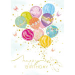 Birthday card with colorful balloons and gold "happy BIRTHDAY" text