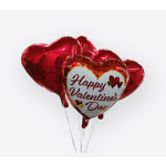 Red heart-shaped Valentine's Day balloons with a greeting message