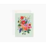 Floral greeting card with a colorful bouquet illustration on a pale green front