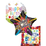 Birthday-themed star-shaped foil balloon with colorful text and patterns