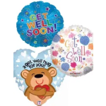 Three get-well balloons with colorful text and a teddy bear holding a heart.