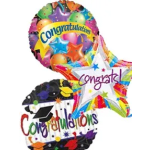 Colorful congratulatory balloons with stars and graduation cap graphics