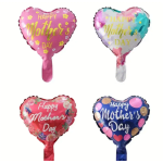 Four heart-shaped Mother's Day balloons in pink, white, red, and blue.