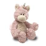 Pink plush unicorn stuffed animal with a silver horn