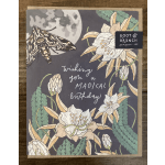 Birthday card with illustrated white flowers and a moth