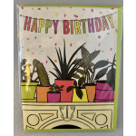 Birthday card with colorful potted plants and confetti