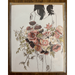 Illustration of a woman holding a bouquet of pink and burgundy flowers