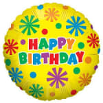 Round yellow birthday balloon with colorful "Happy Birthday" text