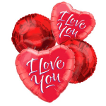 Cluster of red heart-shaped balloons with "I Love You" text
