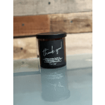 Black jar candle with a "thank you!" label