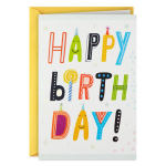 Birthday card with colorful "Happy Birthday!" text and a yellow envelope