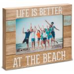 Wooden picture frame with beach photo and white text reading "Life is Better at the Beach"